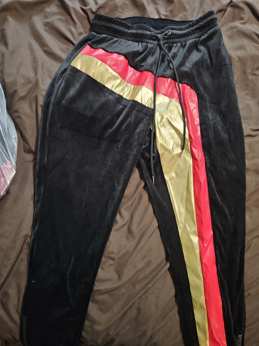 Ashley Stewart Black Velour Joggers with Gold & Red Side Stripes